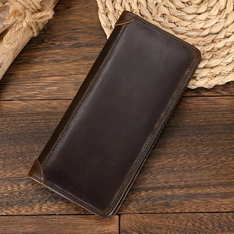 Men’s Long Leather Wallet – Top-Layer Cowhide, Bi-Fold Design, Multi-Card Slots- W013