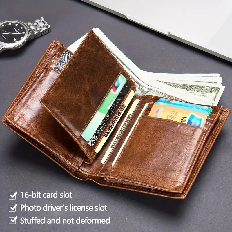 Vintage-Style RFID-Blocking Leather Wallet – Men’s Top-Layer Cowhide, Large Capacity- W007