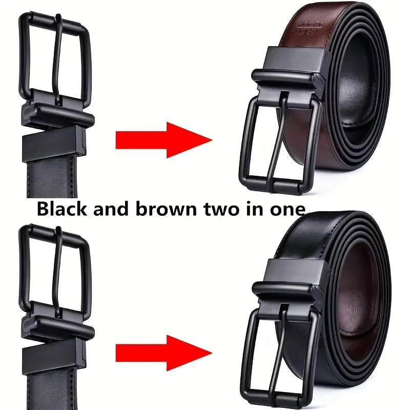 Premium Cowhide Leather Reversible Belt – Dual-Sided Wear with Rotatable Black Alloy Buckle- B008