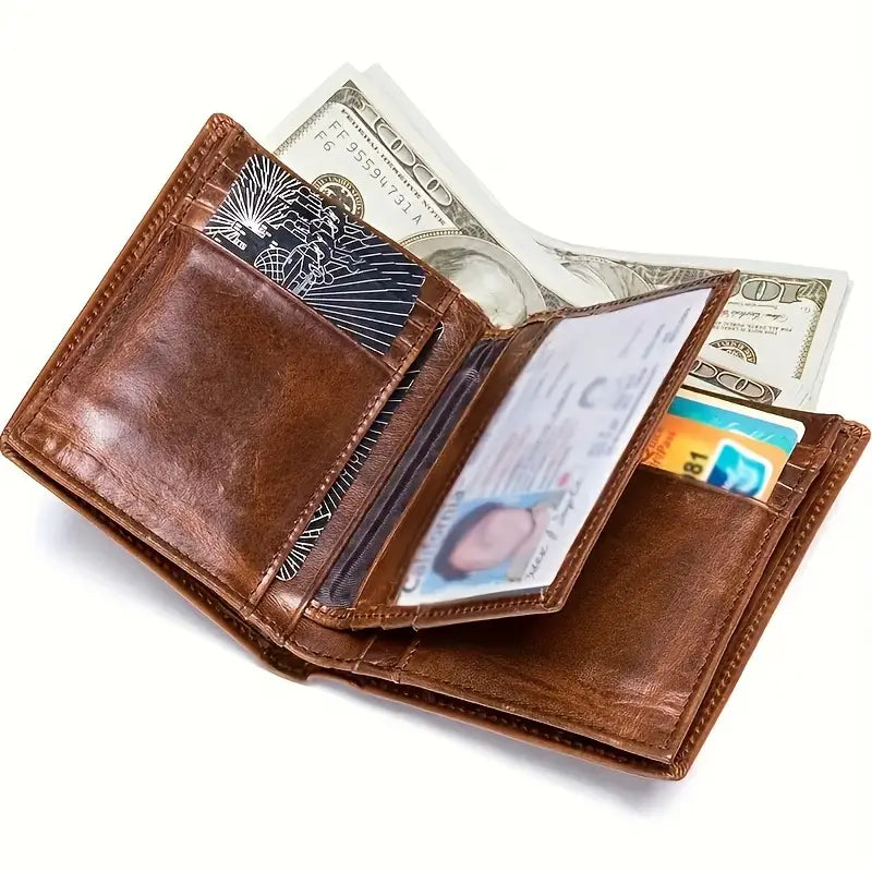 Vintage-Style RFID-Blocking Leather Wallet – Men’s Top-Layer Cowhide, Large Capacity- W007