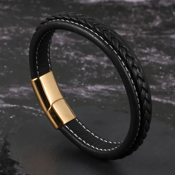 Urban Voyager Black & Gold Leather Bracelet for Men- HB02