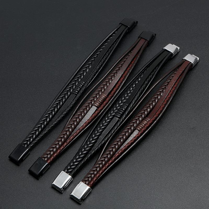 Men’s Genuine Leather Bracelet – Multilayer Braided Rope Wristband with Stainless Steel Clasp- HB002