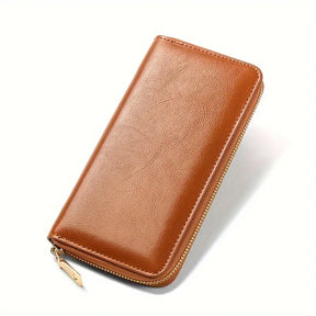 Men’s Oil-Wax Cowhide Leather Zipper Wallet – Long, Large-Capacity Handbag- W008