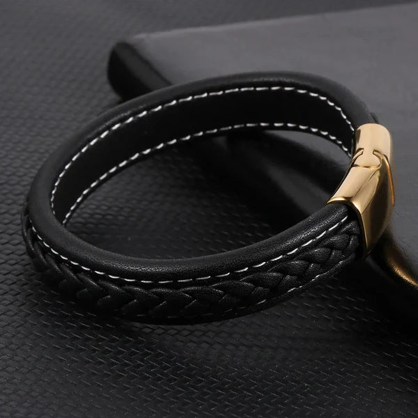 Urban Voyager Black & Gold Leather Bracelet for Men- HB02