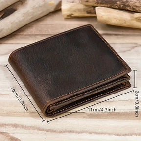 Men’s Vintage Crazy Horse Leather Wallet – Genuine Cowhide Bifold Card Case- W010