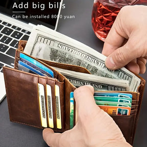 Vintage-Style RFID-Blocking Leather Wallet – Men’s Top-Layer Cowhide, Large Capacity- W007