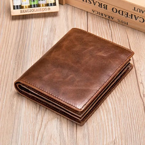 Vintage-Style RFID-Blocking Leather Wallet – Men’s Top-Layer Cowhide, Large Capacity- W007