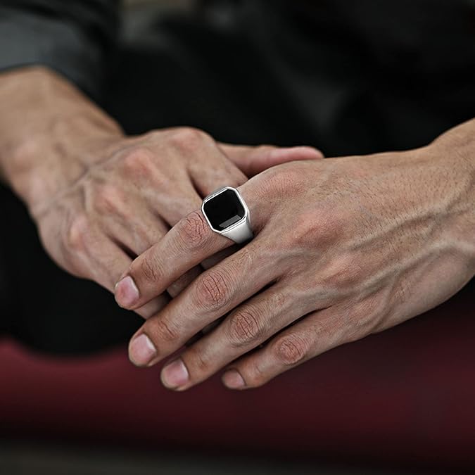 925 Sterling Silver Vintage Black Onyx Square Agate Ring