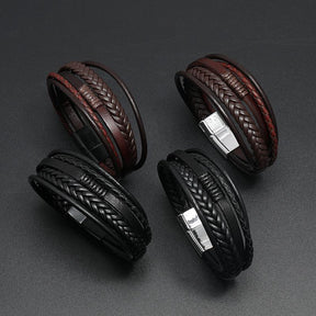 Men’s Genuine Leather Bracelet – Multilayer Braided Rope Wristband with Stainless Steel Clasp- HB002