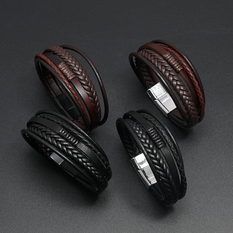 Men’s Genuine Leather Bracelet – Multilayer Braided Rope Wristband with Stainless Steel Clasp- HB002