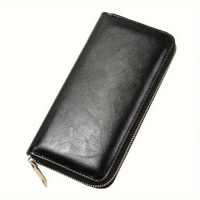 Men’s Oil-Wax Cowhide Leather Zipper Wallet – Long, Large-Capacity Handbag- W008