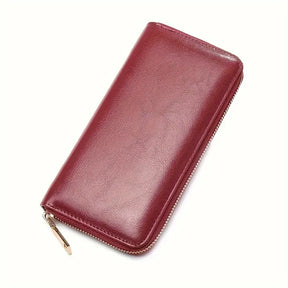 Men’s Oil-Wax Cowhide Leather Zipper Wallet – Long, Large-Capacity Handbag- W008