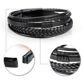 Men’s Genuine Leather Bracelet – Multilayer Braided Rope Wristband with Stainless Steel Clasp- HB002