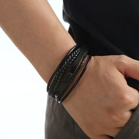 Men’s Genuine Leather Bracelet – Multilayer Braided Rope Wristband with Stainless Steel Clasp- HB002