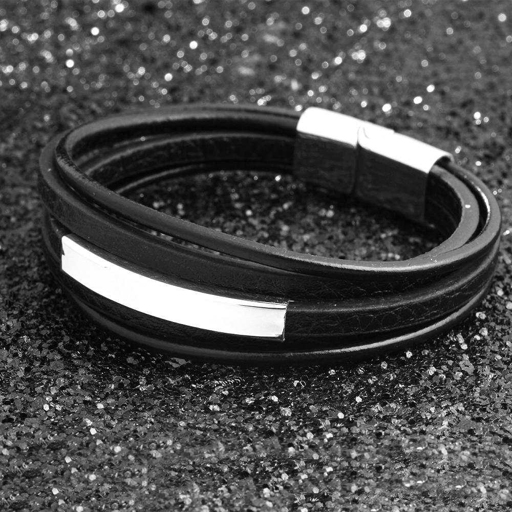 Men’s Black Stainless Steel & Leather Bracelet- HB004