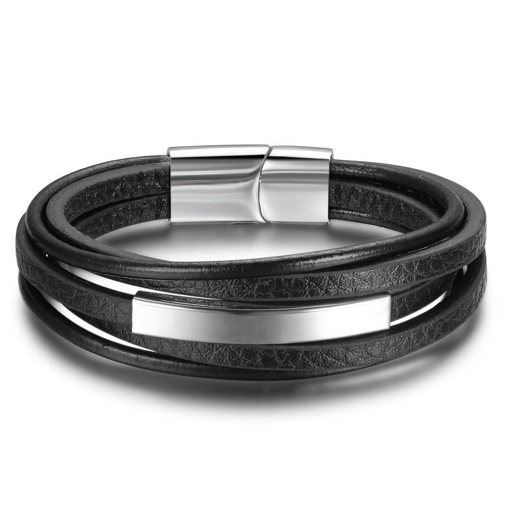 Men’s Black Stainless Steel & Leather Bracelet- HB004