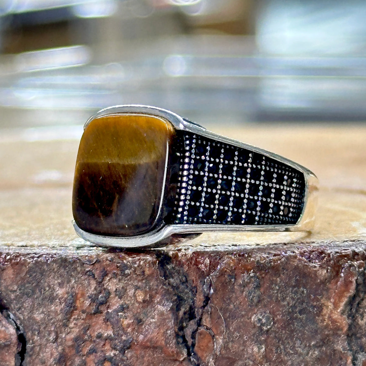 Men’s Handmade Minimal Square Tiger Eye Gemstone Ring