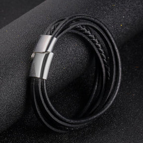 New Black Cowhide Leather Bracelet for Men – Multi-Layer Woven Design with Titanium Steel- HB008