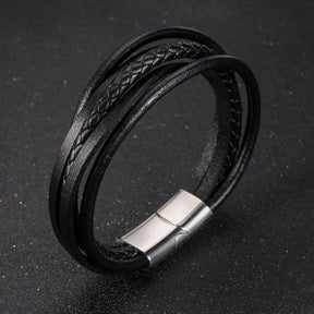 New Black Cowhide Leather Bracelet for Men – Multi-Layer Woven Design with Titanium Steel- HB008