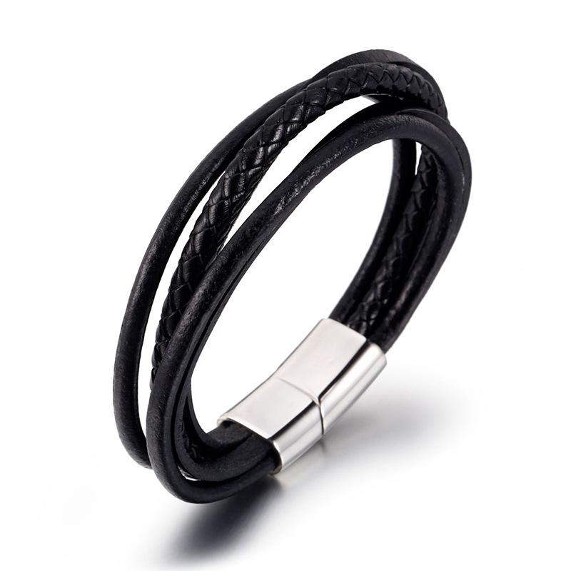 New Black Cowhide Leather Bracelet for Men – Multi-Layer Woven Design with Titanium Steel- HB008