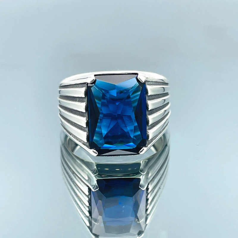 Mens Blue Sapphire Square Stone Ring, 925 Sterling Silver Ring