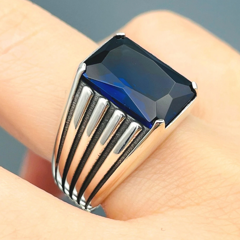 Mens Blue Sapphire Square Stone Ring, 925 Sterling Silver Ring