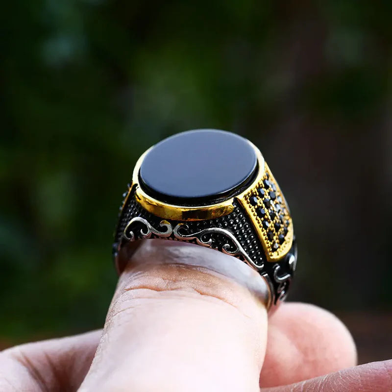 Premium Black & Gold 925 Sterling Silver Men's Ring with Onyx & Black Zircon