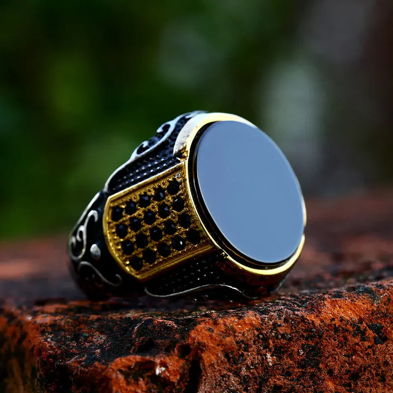 Premium Black & Gold 925 Sterling Silver Men's Ring with Onyx & Black Zircon