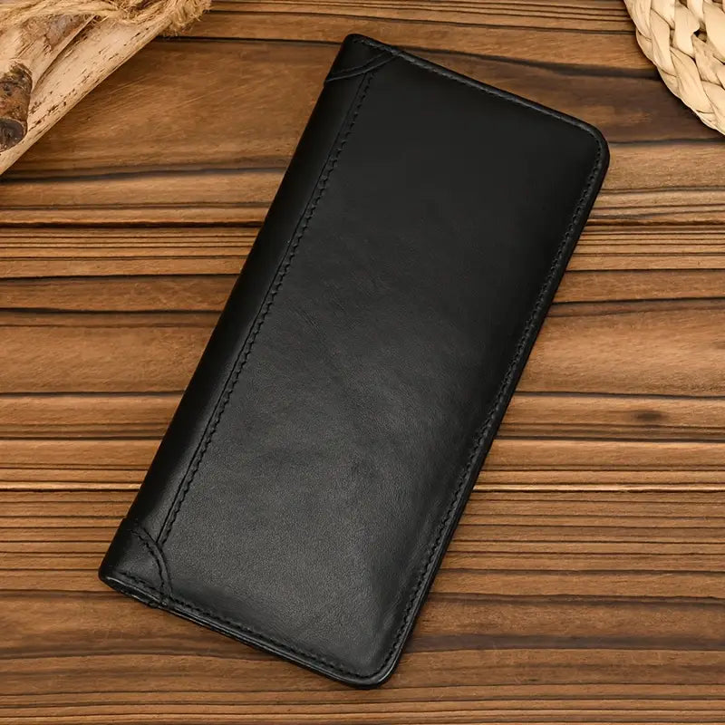 Men’s Long Leather Wallet – Top-Layer Cowhide, Bi-Fold Design, Multi-Card Slots- W013