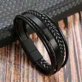 Men’s Genuine Leather Bracelet – Multilayer Braided Rope Wristband with Stainless Steel Clasp- HB002