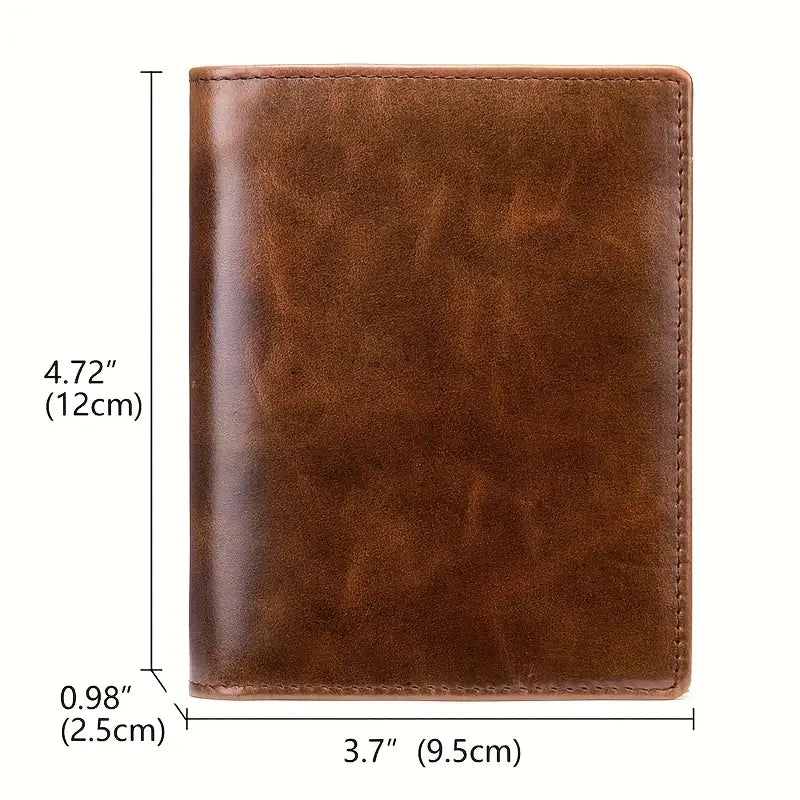 Vintage-Style RFID-Blocking Leather Wallet – Men’s Top-Layer Cowhide, Large Capacity- W007