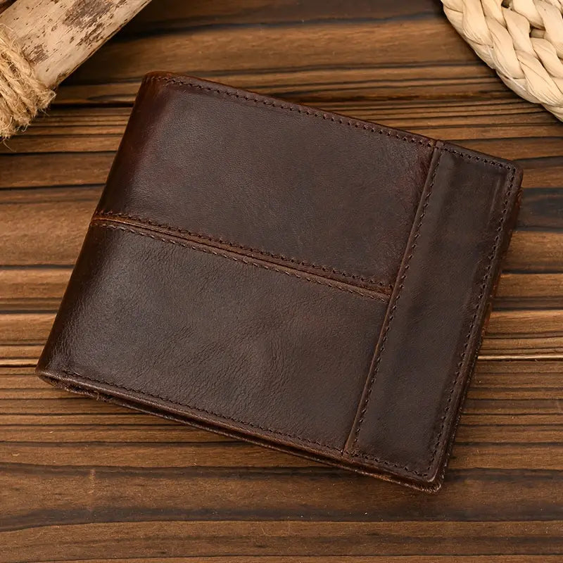 Men’s Genuine Cowhide Leather Wallet – Simple Style, Solid Coffee Color- W011