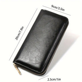 Men’s Oil-Wax Cowhide Leather Zipper Wallet – Long, Large-Capacity Handbag- W008