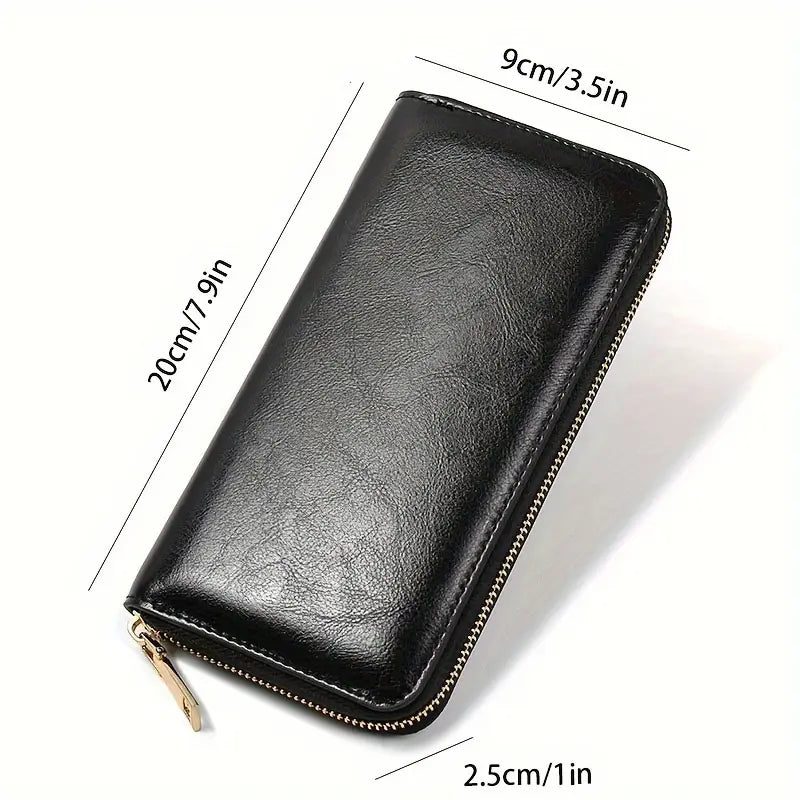 Men’s Oil-Wax Cowhide Leather Zipper Wallet – Long, Large-Capacity Handbag- W008