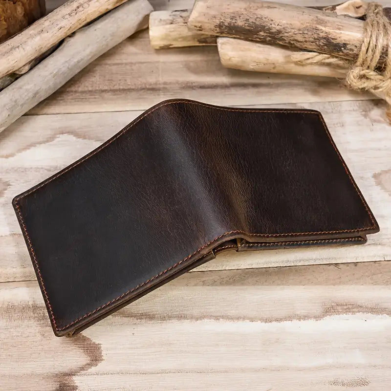 Men’s Vintage Crazy Horse Leather Wallet – Genuine Cowhide Bifold Card Case- W010