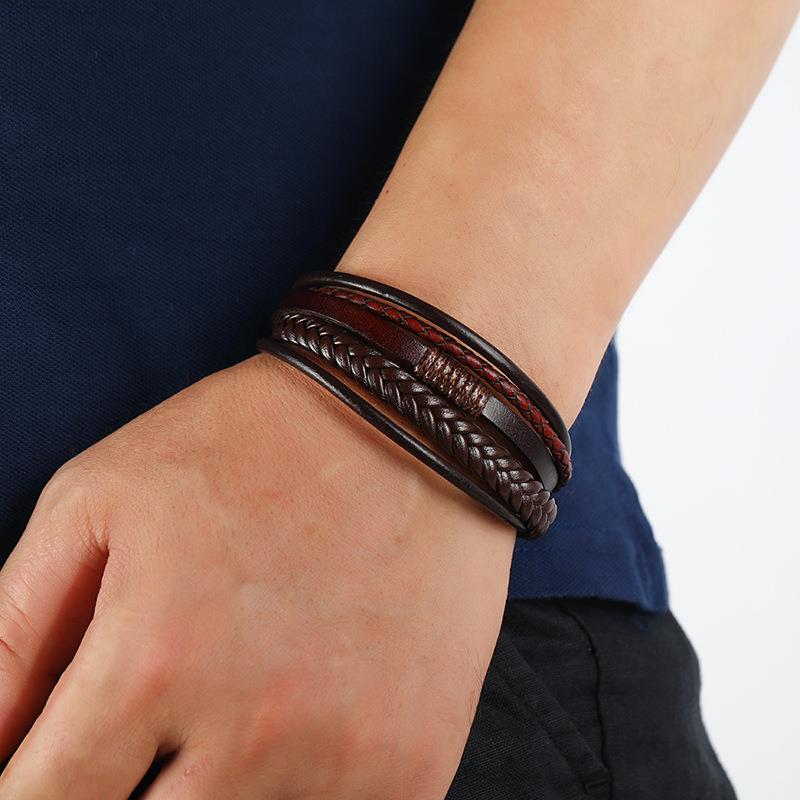 Men’s Genuine Leather Bracelet – Multilayer Braided Rope Wristband with Stainless Steel Clasp- HB002