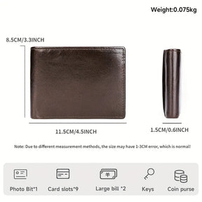 Men's Genuine Leather Tri-Fold Wallet – RFID Blocking, Top-Grain Cowhide- W002