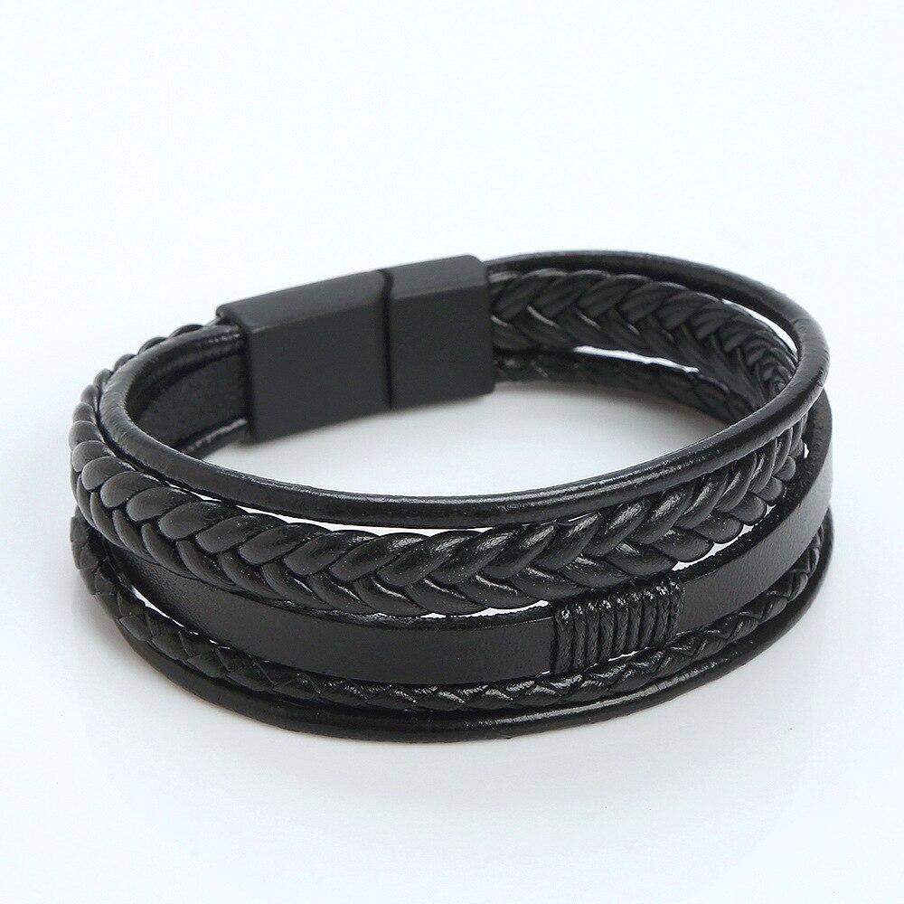 Men’s Genuine Leather Bracelet – Multilayer Braided Rope Wristband with Stainless Steel Clasp- HB002