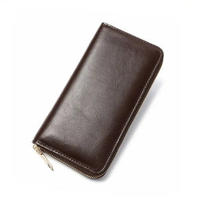 Men’s Oil-Wax Cowhide Leather Zipper Wallet – Long, Large-Capacity Handbag- W008